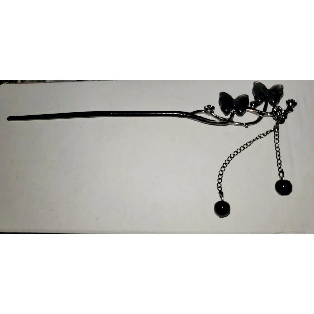 1 pc Women’s Tassel Hair Stick Black Beads Fringe Butterflies Hanfu Hairpin_NEW